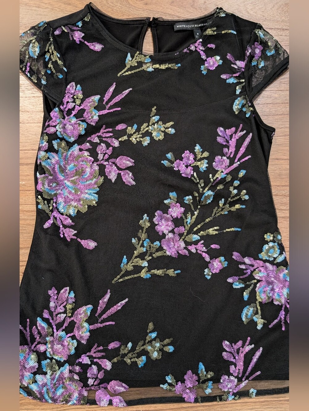 White House Black Market Black Short-Sleeve Sequin Floral Tee